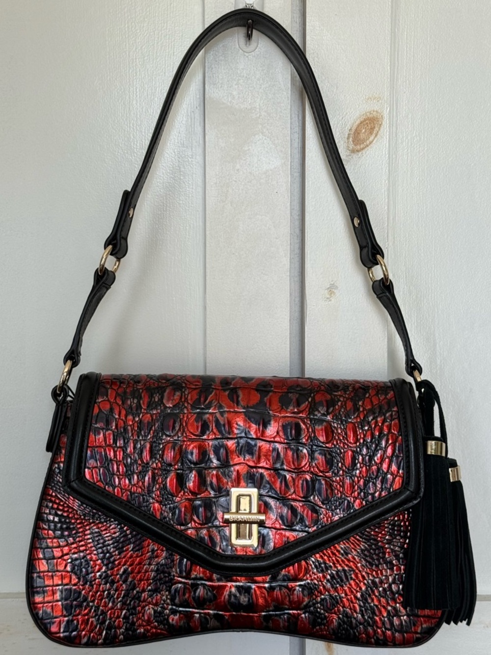NWT Brahmin Nerida Leopardess Melbourne Black Red Croc Shoulder Bag Tassels